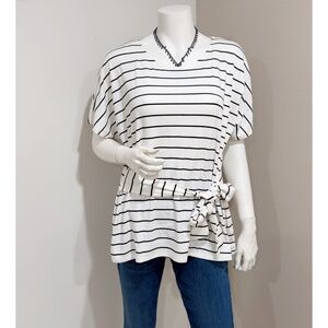 Worthington Women's White Black Stripe Tie-Front Short Sleeve Top Size PXL
